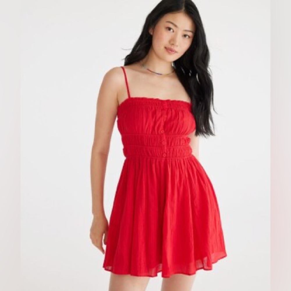 Aeropostale Red Solid Square-Neck Buttoned Fit & Flare Dress Sz XS